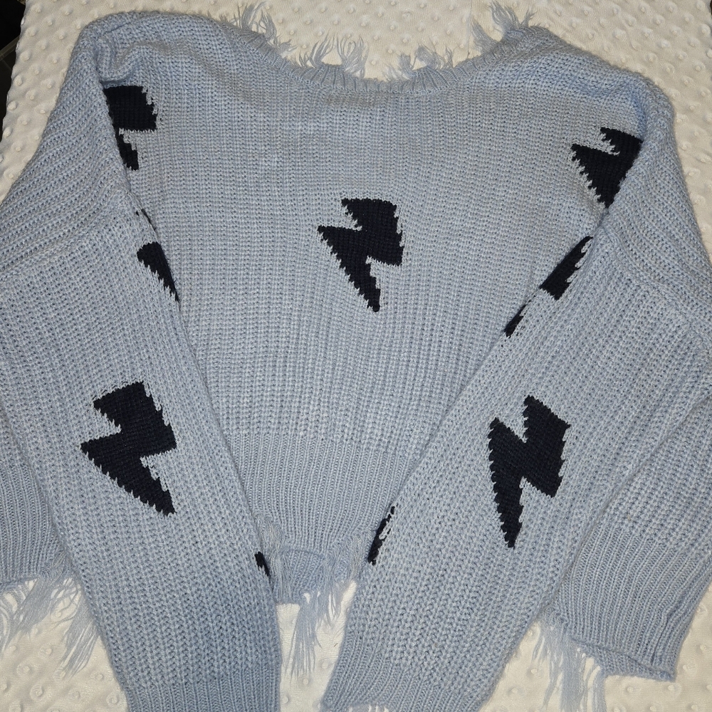 Just Polly Pale Blue V-Neck Fringe Distressed Crop Sweater Womens XL Bolts - Picture 4 of 7